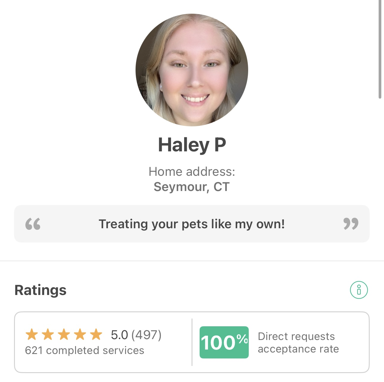 Screenshot of Haley's Wag profile showing completed services and reviews